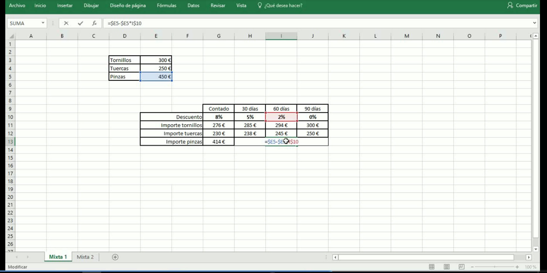 Referencias mixtas en Excel 2013