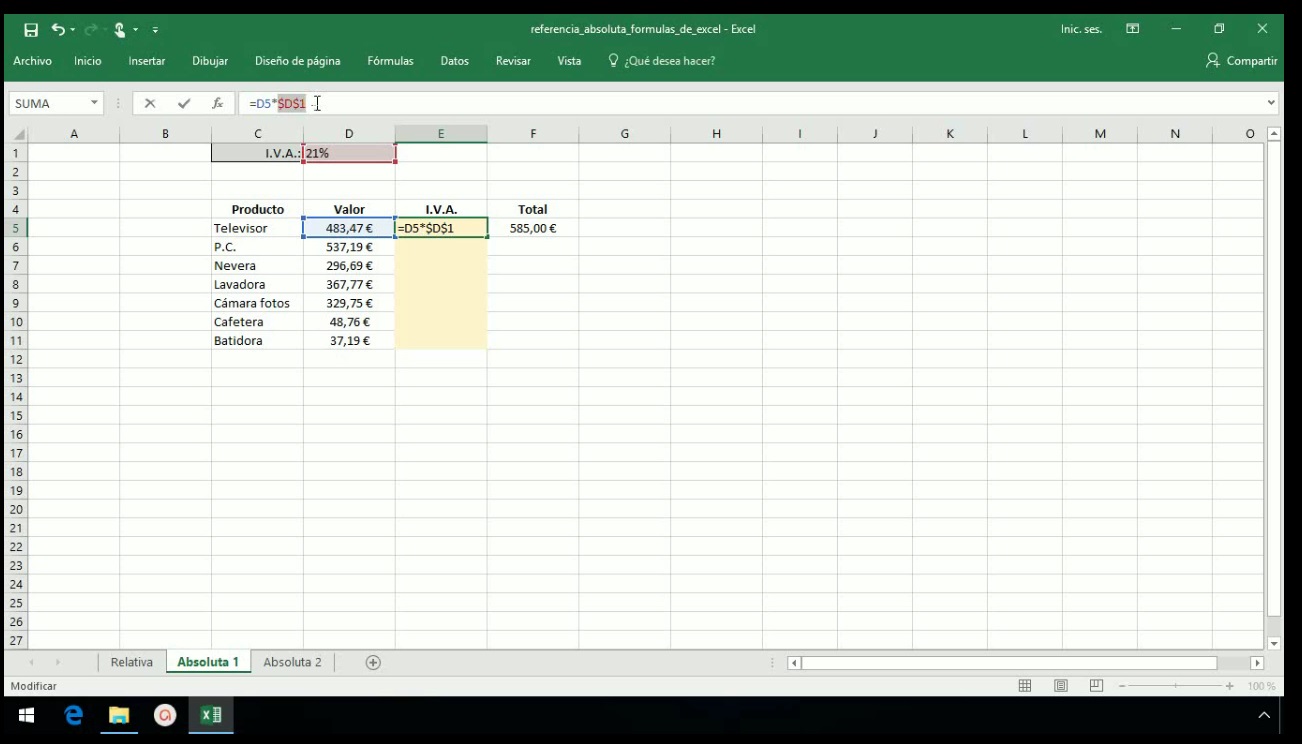 Crear formulas en Excel 2013
