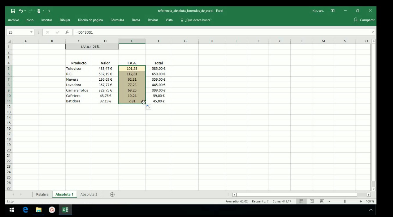 Crear formulas en Excel 2013