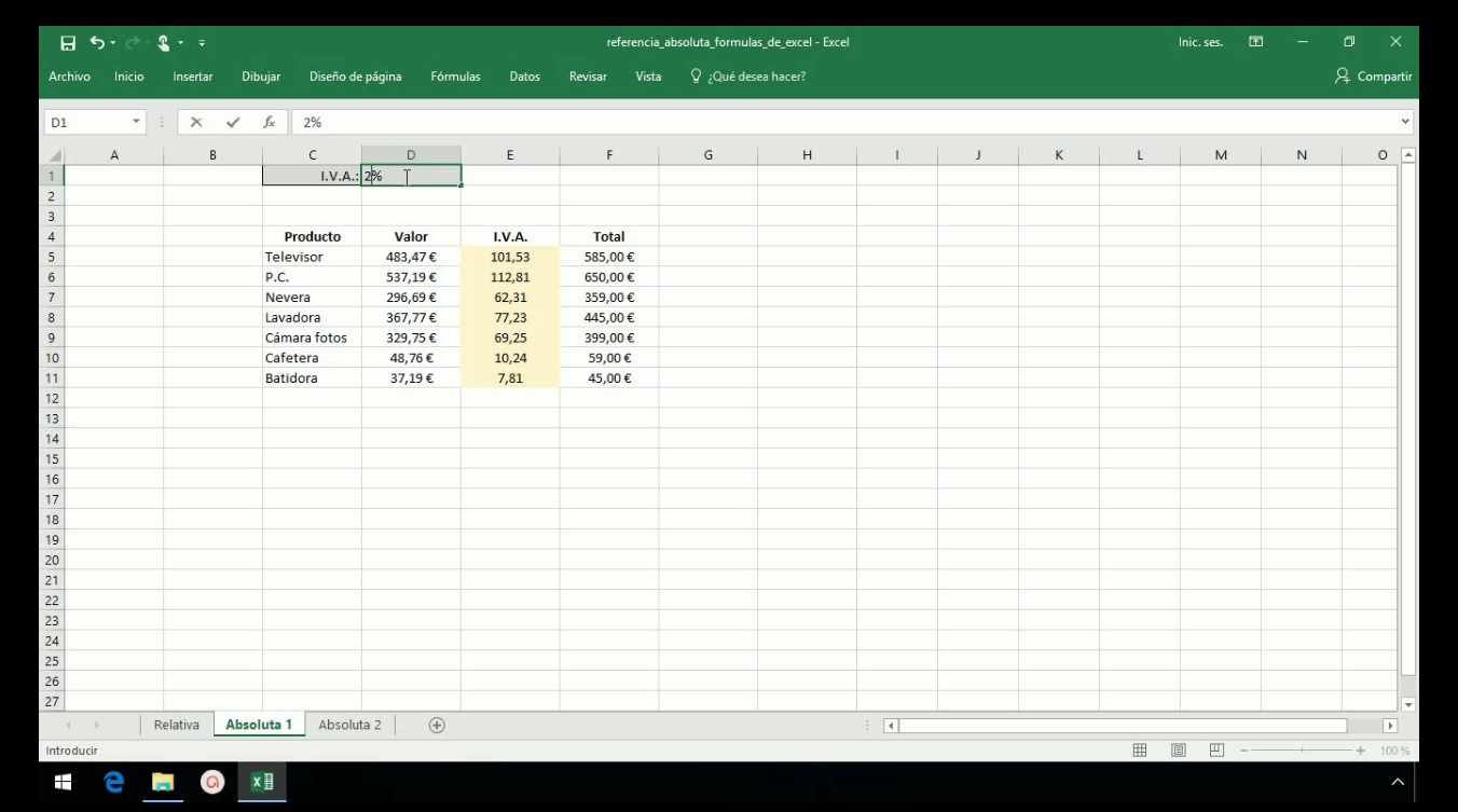 Crear formulas en Excel 2013