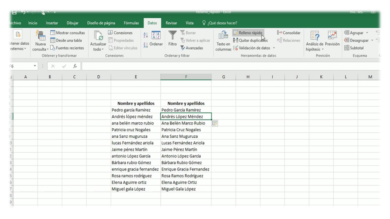 Relleno rápido de datos en Excel